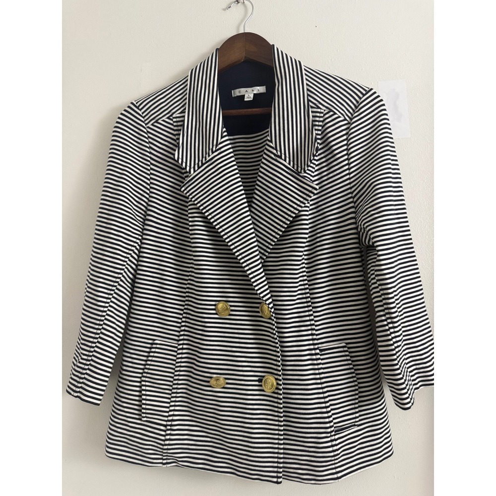 Cabi Admiral Knit Blazer Navy White Striped Gold Button Nautical Jacket 823 L